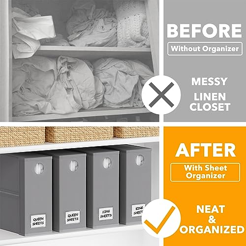 SpaceAid 4 Pack Bed Sheet Organizers - Gray Foldable Linen Closet Storage for Queen & King Size Sheets