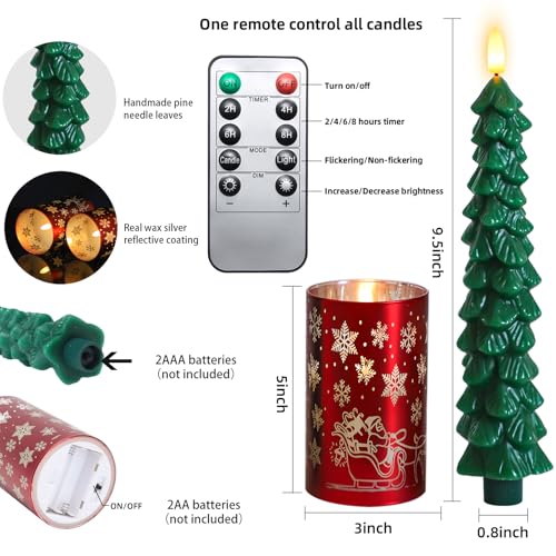 Lezonic Red & Green Flameless Christmas Candles with Remote - Battery Operated Set of 4, Lifelike Wax Xmas Decor