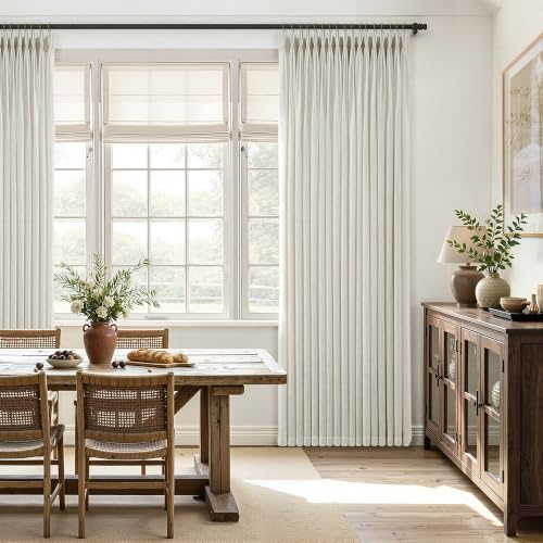 40W x 90L Linen Curtains Set - 2 Panel Triple Pinch Pleated Beige Textured Drapes