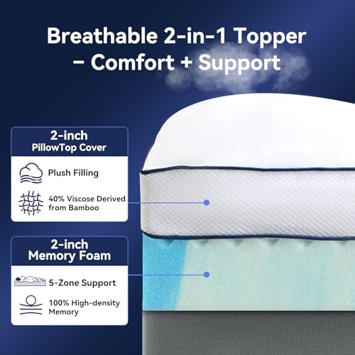 NicePlus Full Dual Layer Memory Foam Mattress Topper with Cooling Gel & Pillow Top, 4 Inch, Elastic Deep Pocket