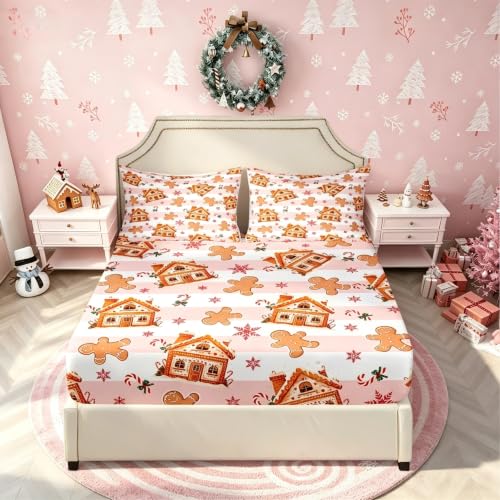 Feelyou Pink & Beige Gingerbread Man Fitted Sheet Queen Size Kids Bedding Set with Snowflake Design
