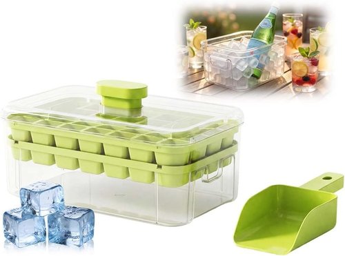Easy Release Ice Cube Tray - 28-Cavity Clear Ice Maker with Lid, Bin & Scoop for Home Parties