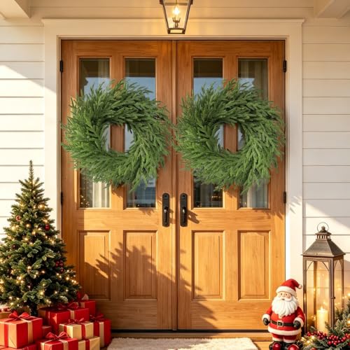 Thewe 26-Inch Real Touch Norfolk Pine Wreath with Velvet Ribbon (Green) for Front Door