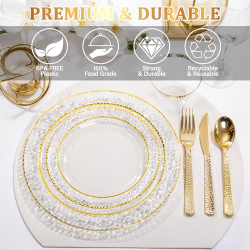 Nervure 102PCS Clear Gold Plastic Disposable Plates 7.5 & 10.25 Inch Set