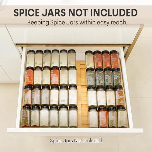 Natural Bamboo Spice Drawer Organizer - 4-Tier Expandable Kitchen Rack