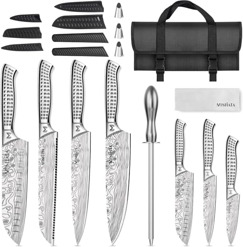 MOSFiATA 12-Piece Kitchen Knife Set with Storage Roll Bag & Sharpening Rod - Japanese Stainless Steel, Dishwasher Safe, Outdoor & Home Use