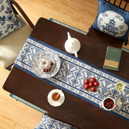 Suqingb 12"x87" Chinoiserie Blue Stripe Table Runner Linen-Polyester