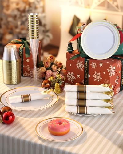Gold Disposable Dinnerware Set for 70 Guests - 560 Pcs Fancy Plastic Plates & Glasses