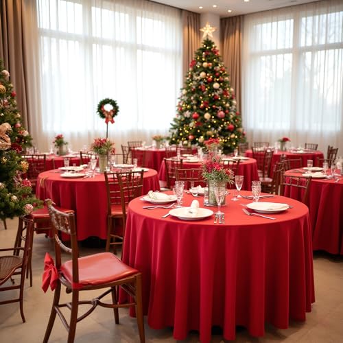 Sancua 8 Pack Christmas Red Round Tablecloth 108 Inch for 42-96 Inch Tables - Holiday Decor