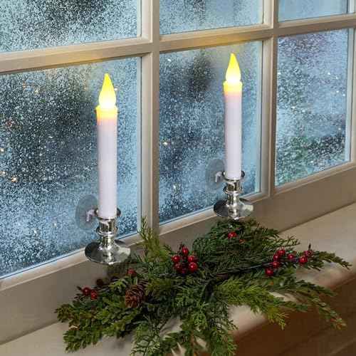 CVHOMEDECO. Window Candles with Suction Cups, Battery Operated LED Taper, Auto On/Off, Removable Silver Base, Flickering Warm Orange Flameless Lights Decor. (2 Pack)