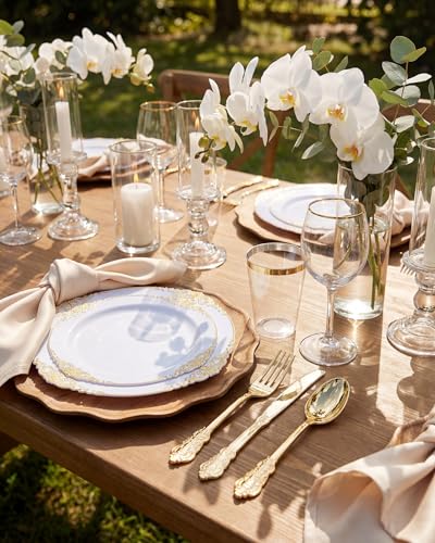 10.25 Inch Gold Plastic Dinner Plates - Pack of 100 for Parties & Events
