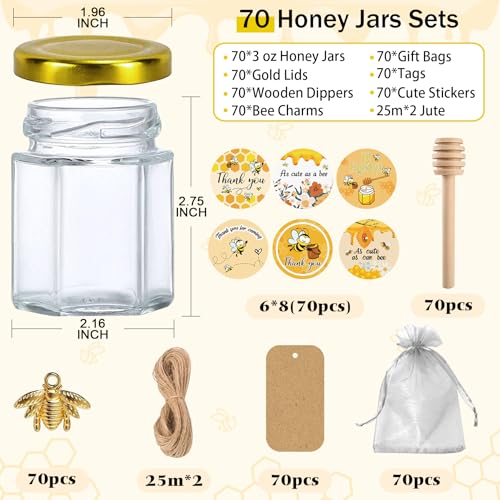 3 Oz Hexagon Honey Jars Set with Dippers and Labels - 70 Pack