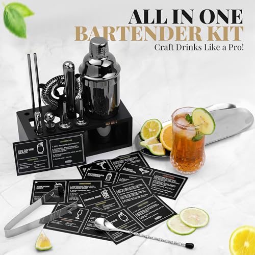 Black Stainless Steel Cocktail Shaker Set with Wood Stand - 15 Piece Bartender Kit - Gun Metal/Black