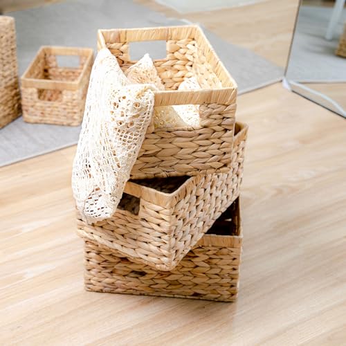 Natural Water Hyacinth Wicker Basket Set of 3 - Medium Rectangular Storage Baskets with Handles, for Shelves & Organization