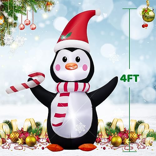 AJY 4FT Inflatable Christmas Penguin with Candy Cane & LED Lights - Holiday Yard Decor
