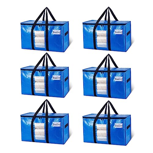 Blue Extra Large Moving Storage Bags - 6 Pack with Visible Window, Heavy Duty & Waterproof