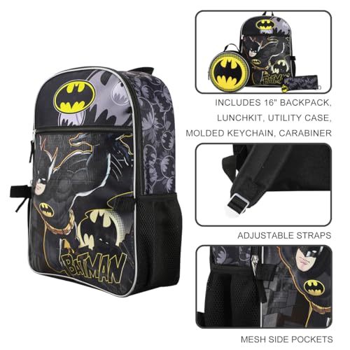 Grey Batman Symbol Backpack Accessory Set for Boys - 5-Piece with Lunch Kit & Keychain