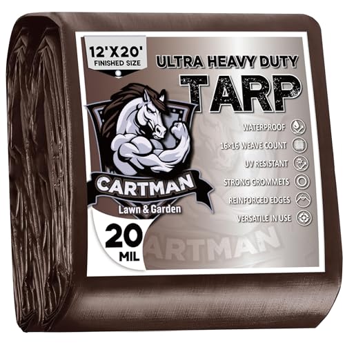 CARTMAN 12x20Ft Industrial Waterproof Poly Tarp Cover 20 Mil, Brown