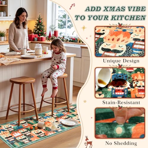 Christmas Nutcracker Kitchen Rug and Mats 3 Piece Non Slip Washable