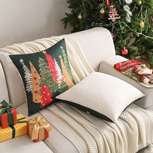 FUTEI Decorative Christmas Tree Pillow Covers 18x18 Inch Set of 2,Christmas Green Linen Cushion Cases, Winter Christmas Throw Pillows for Sofa Couch Bed Living Room