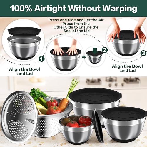 Nicdiet Black Stainless Steel Mixing Bowls with Airtight Lids Set - 3 Sizes, Nesting Kitchen Set with Colander & Grater, Non-Slip Bottoms, 1.5/2.5/5 QT