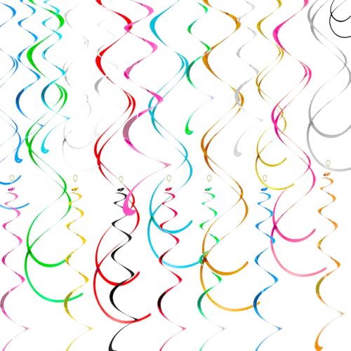 40 Pcs Rainbow Hanging Swirl Party Decorations, Colorful Streamers Party Decorations, Foil Swirl Streamer Spiral Ceiling Decor for Birthday Wedding Baby Shower Carnival Fiesta Festival