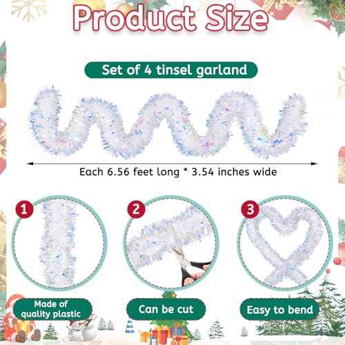 DIYDEC 26.2FT Christmas Tinsel Garland Shiny Iridescent White Garland Christmas Glitter Foil Metallic Twist Hanging Garlands for Xmas Tree Fireplace Home Party Decoration