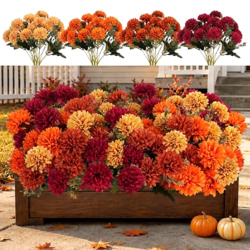 Artificial Fall Flowers 12 Pcs Burgundy Orange Caramel & Yellow Chrysanthemums Outdoor Decor