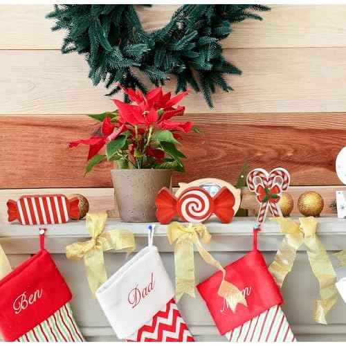 Gift Boutique - Set of 3 Christmas Candy Wooden Table Decoration Centerpiece Block Holiday Wood Red & White Peppermint Candy Cane Tiered Tray Tabletop Sign Decor for Home Xmas Party Supplies