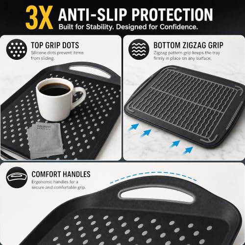 Large NonSlip Serving Tray with Handles - Black, Set of 2