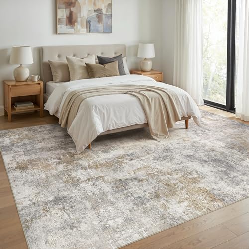 Light Brown Grey 9x12 Washable Abstract Area Rug - Non-Slip Living Room Carpet