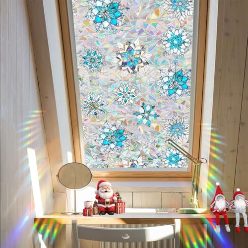 Niviy Christmas Window Clings 16.93 x 39.37in – Stained Glass Snowflake Film, Static Cling, Rainbow Shadows, Indoor/Outdoor Holiday Decor