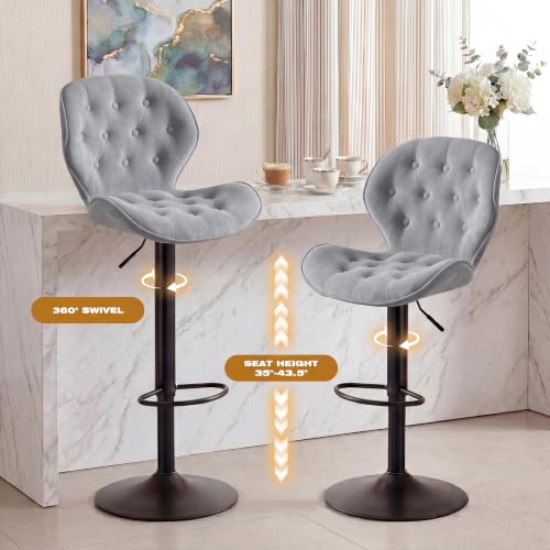 Grey Set of 2 Adjustable Swivel Bar Stools with Backrest - Modern Chenille Fabric