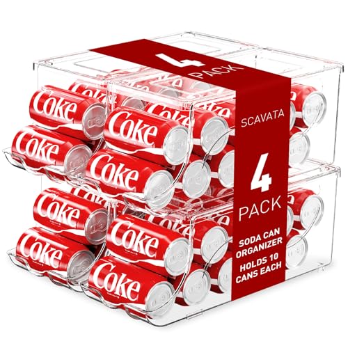 SCAVATA Transparent 4-Pack Stackable Refrigerator Can Organizer with Lids, Holds 10 Cans Each