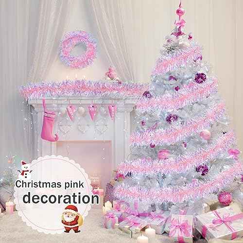 Pink Tinsel Garland Pink Glittering Decoration Metallic Garland for Valentine Birthday Wedding Party Easter Halloween Holiday Festivities Indoor Outdoor Home Christmas Decor Supplies (17 ft)