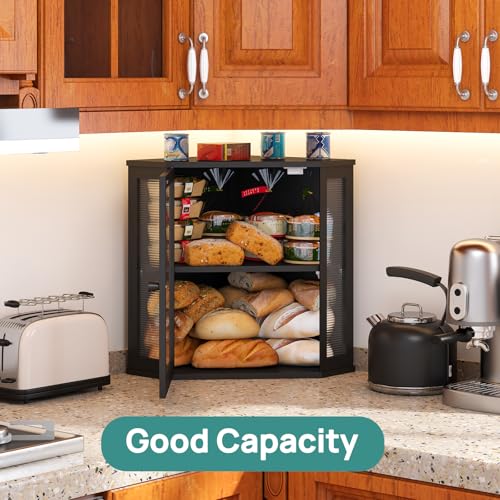 Black Extra Large Corner Bread Box with Bamboo Wood & Acrylic Wavy Door