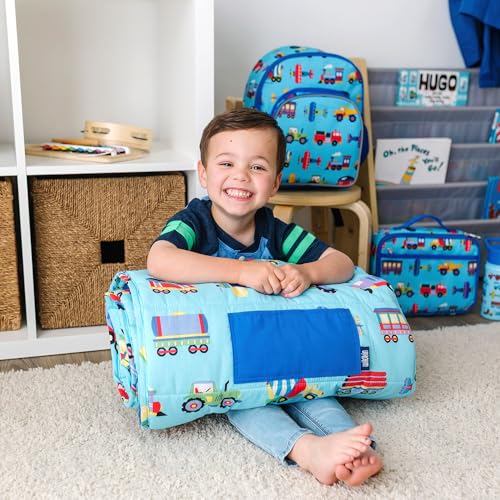 Wildkin Nap Mat with Pillow and Blanket - Trains, Planes, and Trucks Preschool Rest Mat
