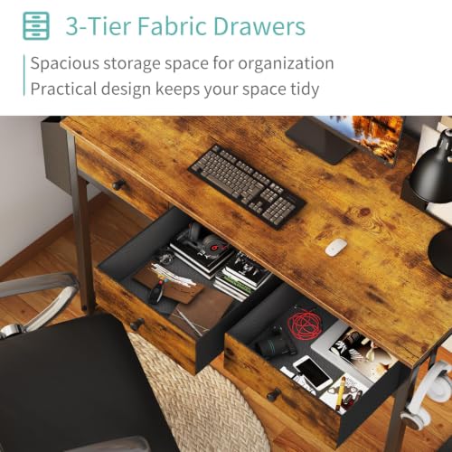 Rustic Brown 39.4 Inch Desk with Drawers - Space-Saving Home Office Writing Table