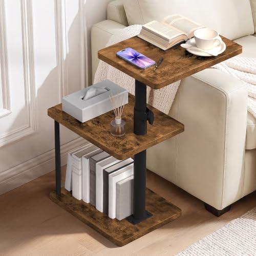 Adjustable Height Swivel End Table - Rustic Brown 3-Tier Side Table