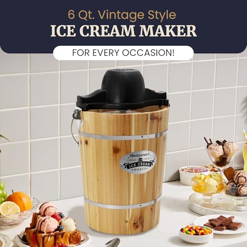 Elite Gourmet 6Qt Old Fashioned Wooden Bucket Ice Cream Maker - Hand Crank & Electric