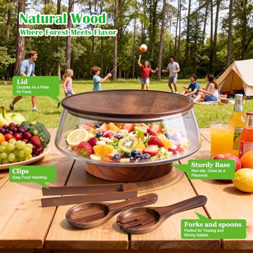 Large Glass Salad Bowl Set with Lid and Wooden Base - 5 Qt, Includes Salad Servers