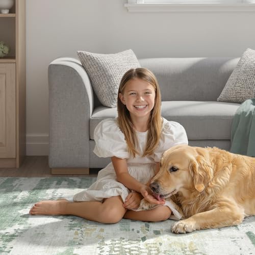 DCX 5x7 Washable Abstract Area Rug - Sage Green, Non-Slip, Pet & Kid Friendly