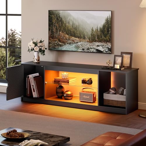 Bestier 57-Inch Black Carbon Fiber LED TV Stand with RGB Lighting & Adjustable Shelves
