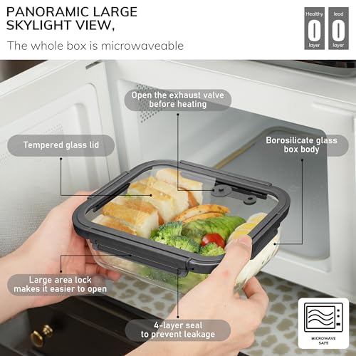 BOROHOUSE 5-Pack Tempered Glass Food Storage Containers 35.2oz with Gray Lids, Airtight & Microwave Safe