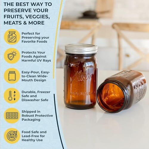 Amber Wide Mouth Mason Jars 32 oz with Metal Airtight Lids - Vintage Food Storage, Canning & Preserving - 12 Pack