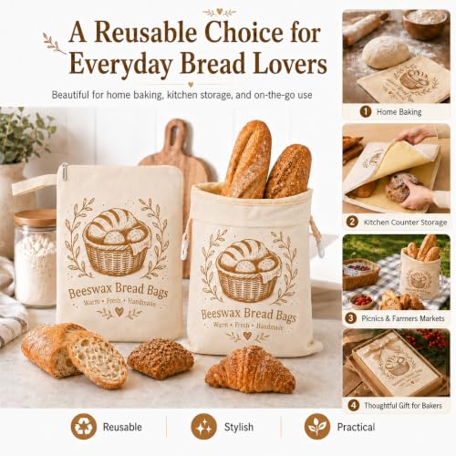 Cream Beige Reusable Beeswax Bread Bags Set - XL Cotton Sourdough Storage with Buckle & L-Shaped Zipper