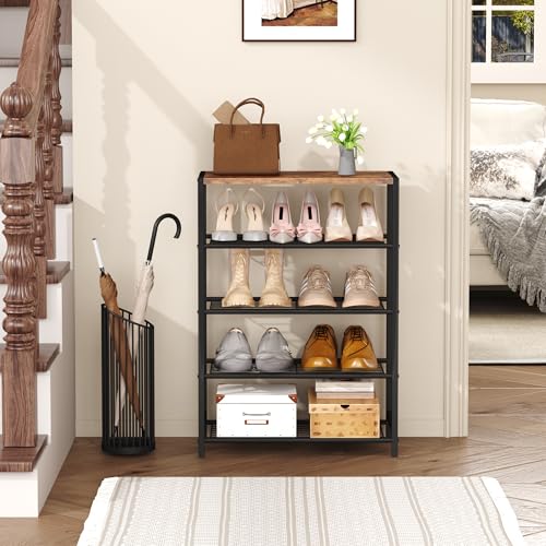 HOMEFORT Rustic Brown 5-Tier Shoe Rack with MDF Top Shelf, Fits 3 Pairs per Tier - Entryway Organizer, Compact Storage Shelf (11.8"D x 23.23"W x 32.68"H)