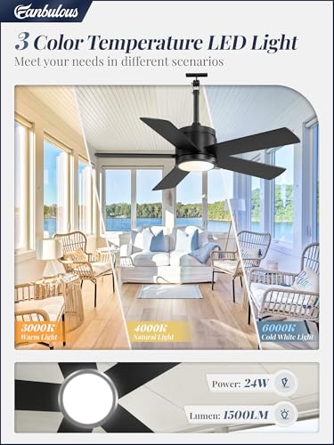 Black 42-Inch Outdoor Ceiling Fan with Light Waterproof IP65 & Remote