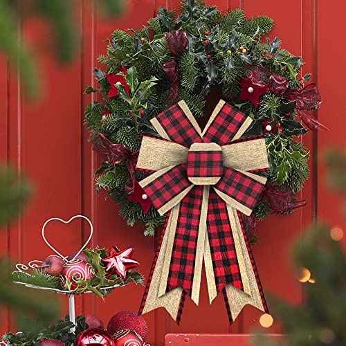 2pcs Valentine's Day Wreath Bows Valentines Bows Red Brown Buffalo Plaid Burlap Bows for Wreaths, Valentines Ribbon Bows Tree Topper Bows for Home Indoor Outdoor Decoration Wreath Ornament Supplies