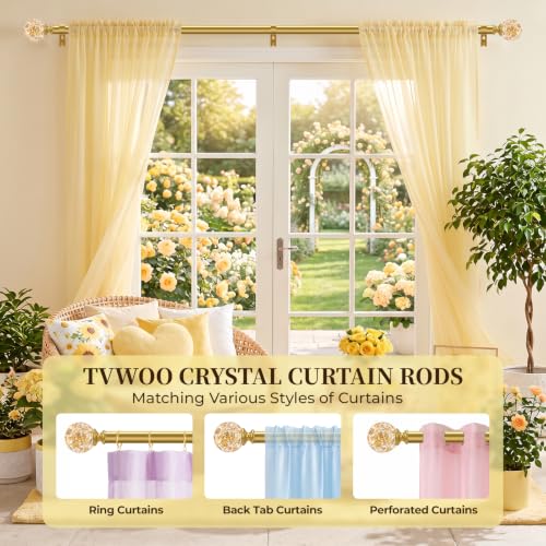 Gold Adjustable Crystal Curtain Rods 1 Inch Heavy Duty 66-120 Inches - TVWOO
